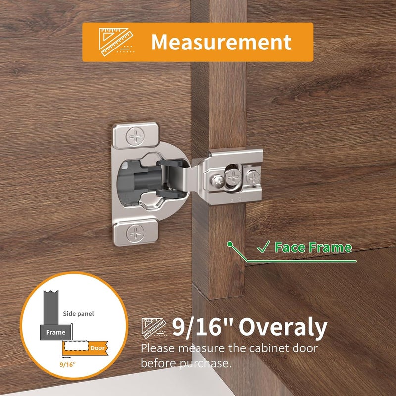 Chibery 10 Pack 9/16" Overlay 4D Concealed Hinges for Face Frame Door, Soft Close On/Off Switch, Self Closing, 105° Open Angle Concealed Stainless Steel Hinges for Framed Cabinet, Satin Nickel - Image 3